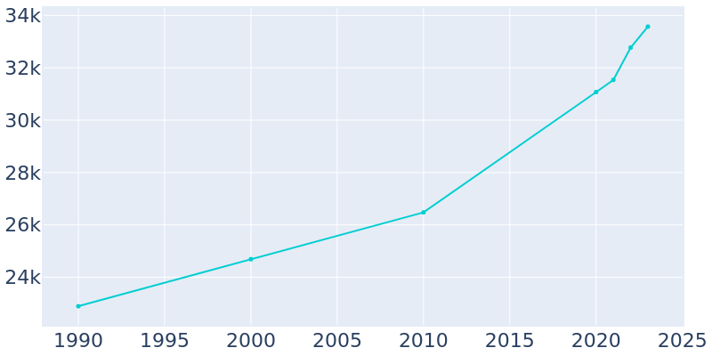 Population Graph For Opelika, 1990 - 2022